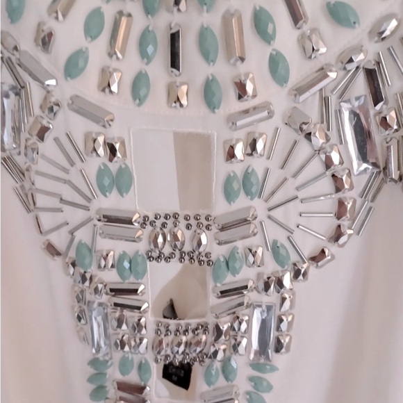 BEBE 100% Silk Ivory Cleo White Tunic Size XXS Embellishments Turquoise gems - Picture 7 of 9